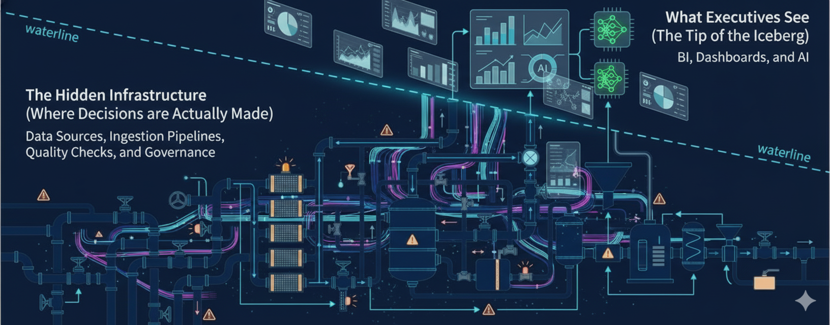 Data Iceberg — visible BI layer above, hidden infrastructure below